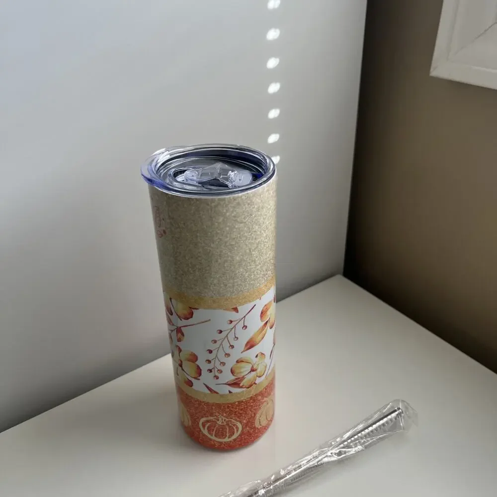 Custom Printed 20oz Tumbler Fall Vibes Lid Straw And Straw Cleaner